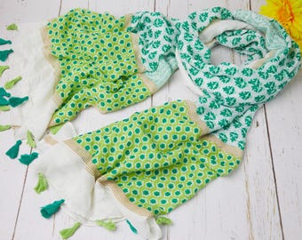 Green Floral Tassel 68" x 31" Cotton-Viscose Large Scarf Bundle, Wrap Shawl, Hair Scarf, Lightweight Soft Neck Wrap, Boho Travel Cover Up