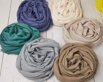 Solid Color 70" x 41" Cotton-Polyester Large Scarves Bundle, Hair Scarf, Lightweight Soft Neck Wrap, Fringe Shawl, Fashion Accessory Women