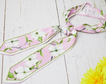 Satin Skinny Scarf, 49" x 2.5" Pink Floral Print Polyester Neck Tie Bundle, Double Side Print, Hair Scarf, Fashion Accessory, Handbag Ribbon