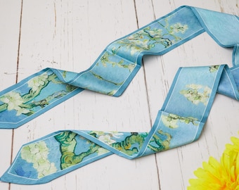 Satin Skinny Scarf, 49" x 2.5" Blue Floral Polyester Neck Tie Bundle, Double Side Print, Slim Hair Scarf, Fashion Headband, Handbag Ribbon
