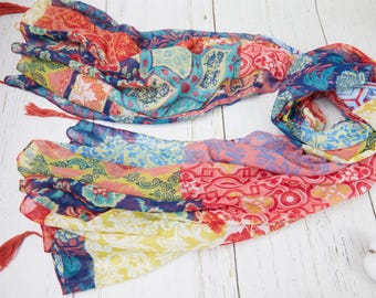 Boho Patchwork 68" x 31" Cotton-Viscose Large Scarves Bundle, Colorful Shawl, Light Travel Scarf, Festival Fashion Accessory