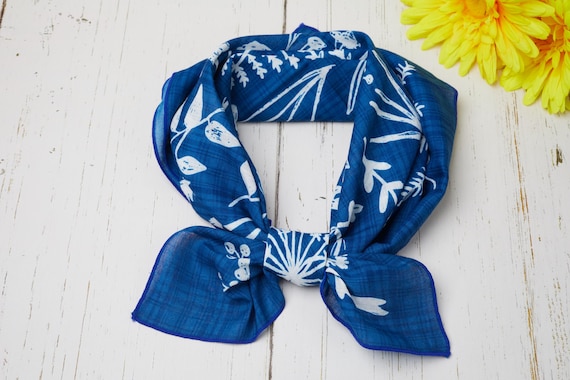 100% Cotton 21" x 21" Square Bandana Bundle, One-Side Print, Blue Cotton Botanical Leaf Square Scarf, Unisex Handkerchief