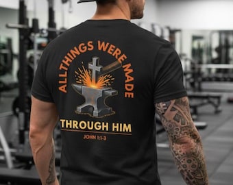 Christian Graphic T-Shirt: All Things Through Him, Theology Apparel, Christian clothing, Gift for Husband, Gift for Men, Gift for him,