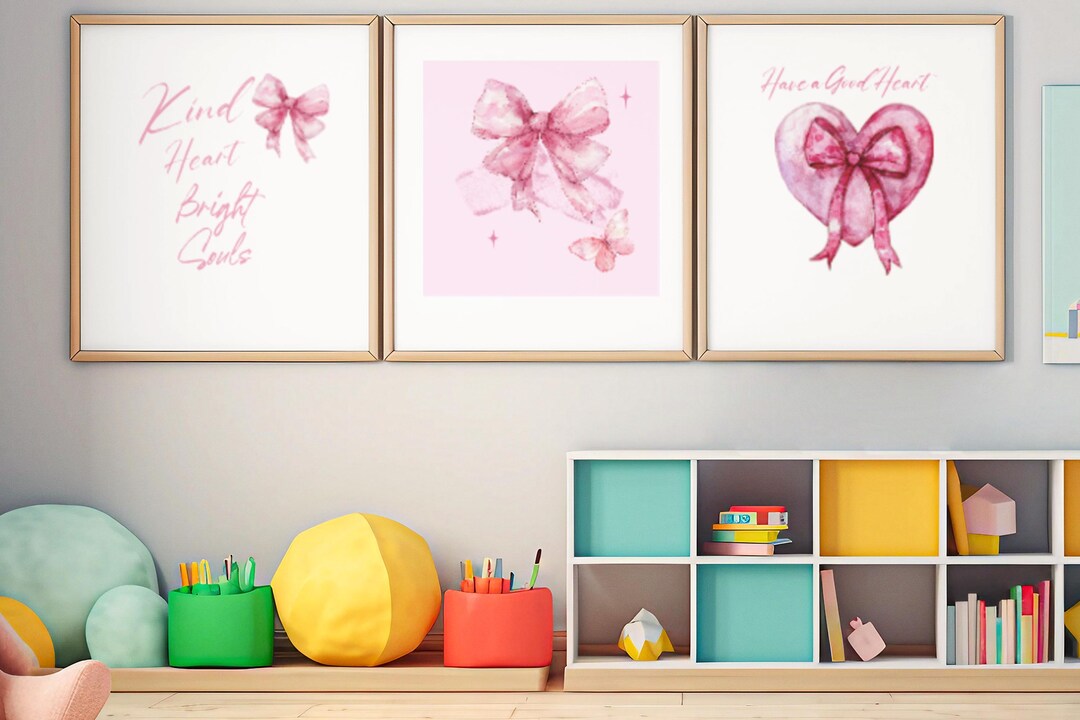 Pink Bow Nursery Art Prints, Baby Girl Decor (set of 3) (digital ...