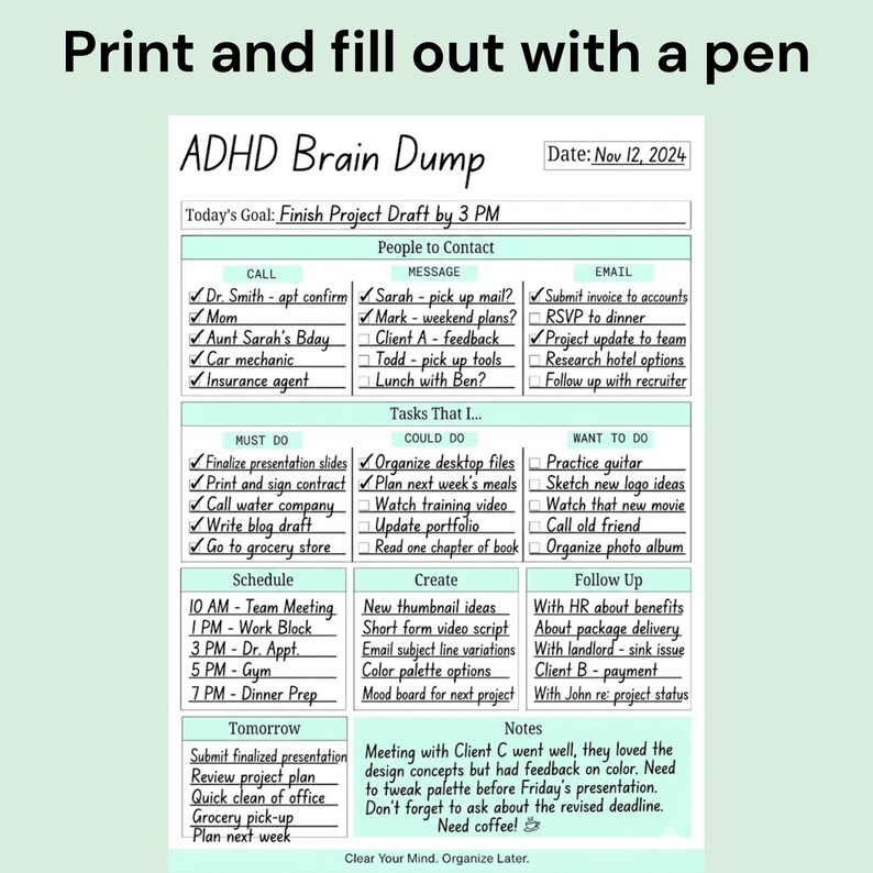 ADHD Brain Dump Template Printable | Daily Planner Worksheet ...