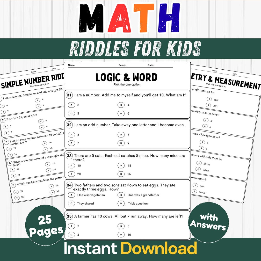 Math Riddles Workbook: Fun Logic Puzzles for 4th-5th Grade (digital ...