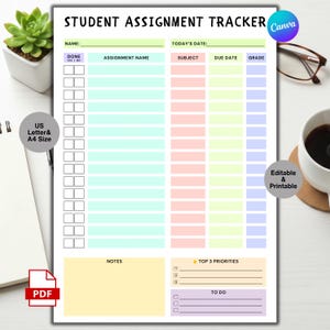 May include: A printable student assignment tracker titled "STUDENT ASSIGNMENT TRACKER". It features sections for assignment name, subject, due date, and grade. The document is available in US Letter & A4 sizes and is editable and printable.
