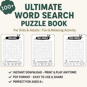 Ultimate Word Search Puzzle Book | 102 Themed Word Search Puzzles with Solutions | Relaxing Printable Brain Games for Kids & Adults - PDF