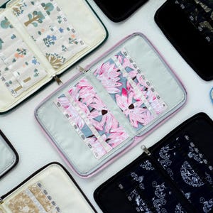 Pu&ograve; includere: Una collezione di astucci aperti con cerniera per ferri da maglia, caratterizzati da vari motivi in tessuto all'interno, tra cui fiori di loto rosa, alberi blu e verdi e motivi di draghi neri, con scomparti etichettati per misure in mm.