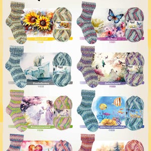 May include: A product display featuring Opal brand yarn and colorful socks. The image showcases various sock designs and yarn balls with names like "Sonnenkraft" and "Duftoase." The text "Aquarell" is prominently displayed.