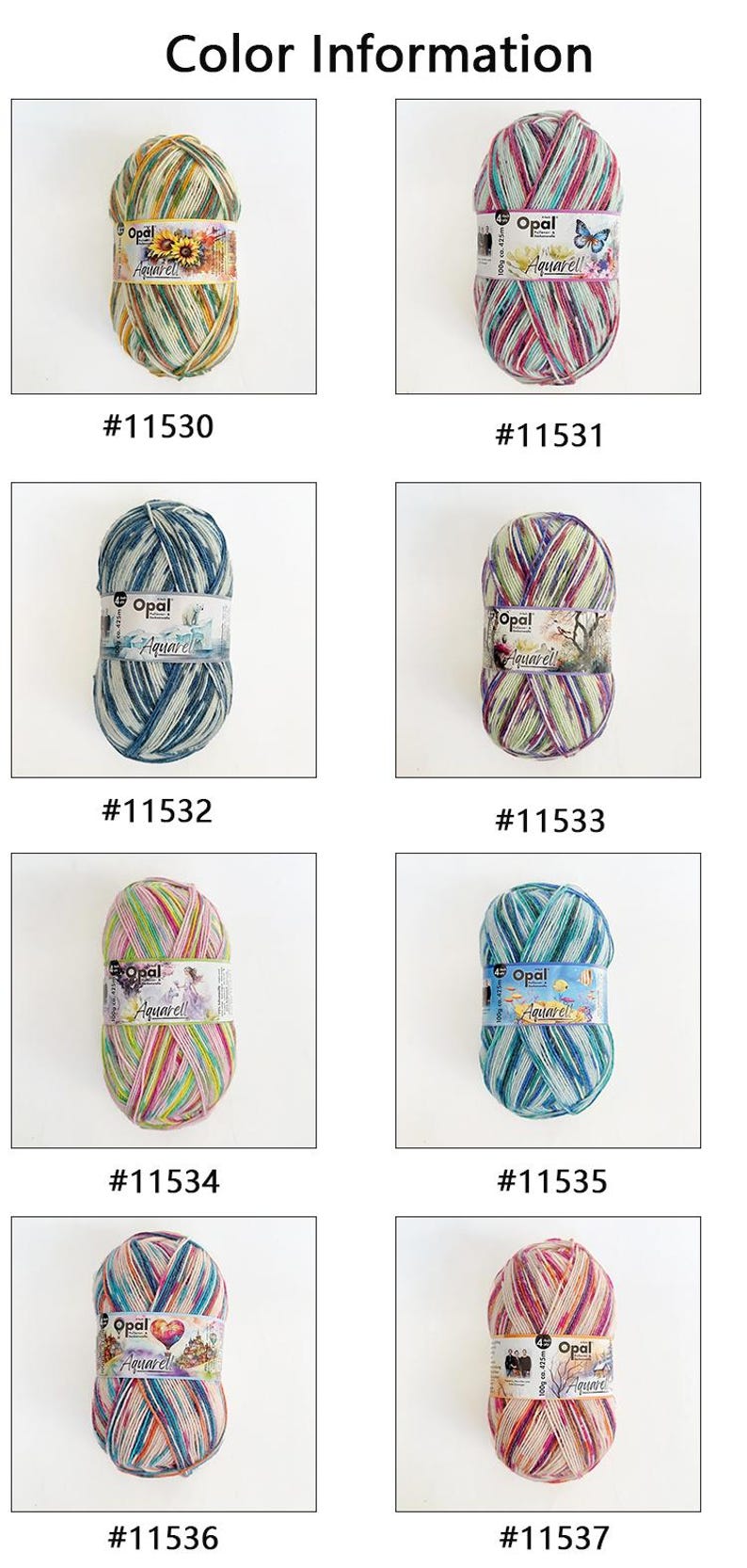 May include: A collection of eight skeins of Opal Aquarell yarn in various color combinations. Each skein is labeled with a unique number and features a colorful, variegated pattern. The yarn is wrapped with a label that includes the brand name and product details.