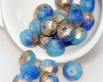 Czech Glass 9x6mm Rondelle Cobalt and Turquoise Opaline Mix with Etched Gold finish x 10 beads