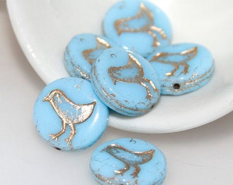 Czech Glass 12mm Coin Bead Opaque Light Blue with Golden Washed Bird x 5pc