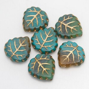 Czech Glass Matte Leaves Green Turquoise Amber Mix with Gold Finish x 6 Beads image 4