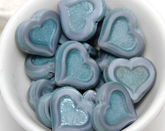 Czech Glass Grey Blue Matte Heart x 5 Beads