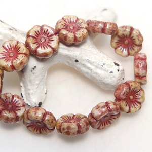 Czech Glass 12mm Hibiscus Flower Honey Beige with Picasso Finish and Red Wash x 5 Beads image 1