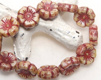 Czech Glass 12mm Hibiscus Flower Honey Beige with Picasso Finish and Red Wash x 5 Beads
