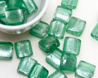 Green Glass with Silver Foil Pressed Square x 4 Beads