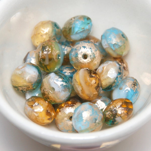 Czech Glass 9x6mm Rondelle Aqua Blue Amber Ivory Mix with Gold finish x 8 beads