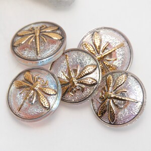 Peut inclure: Cinq boutons en argent et or avec un motif de libellule et un effet irisé. Les libellules sont en relief avec des accents dorés.