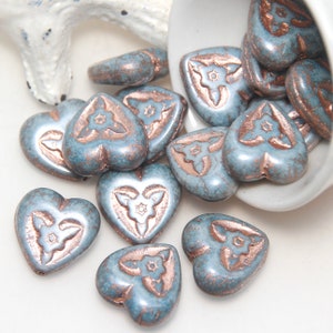 Czech Glass Stone Grey Blue with Rose Gold Pressed Flower x 2 Beads