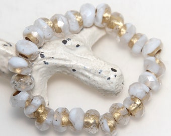 Czech Glass Large Hole Roller Bead White and Gold Mix x 5 beads