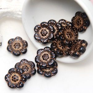 Czech Glass 14mm Wild Rose Jet Black with Bronze Wash x 5 Beads image 2