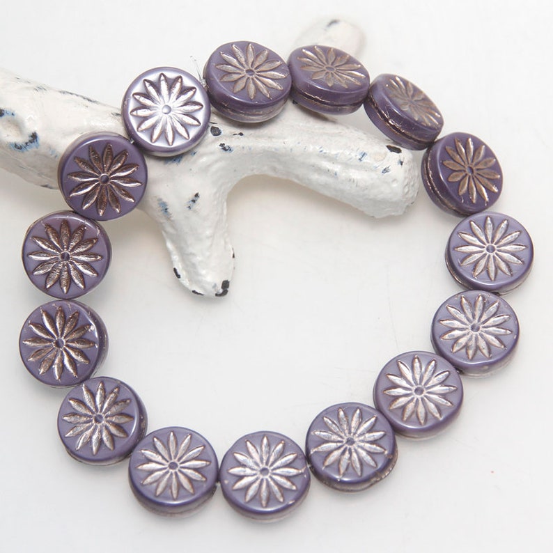 Czech Glass 12mm Flower Coin Beads in Opaque Purple with Platinum x 8pc image 2