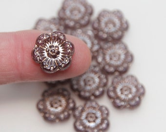 Verre tchèque 14 mm, rose sauvage, améthyste, transparent, finition platine x 8 perles