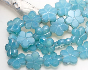 Czech Glass Bead 17mm Flat Flower Translucent Blue with Lustre x 4pc