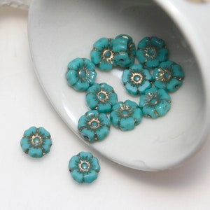 Czech Glass 7mm Hibiscus Flower Turquoise Opaque with Gold Wash x 6pc