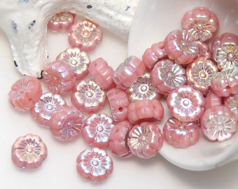 Czech Glass 8mm Beads Pressed Flower Opaque Pink with Shiny AB Coating x 8 Beads