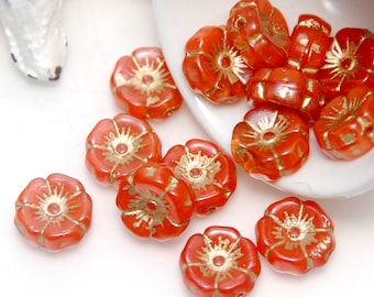 Czech Glass 12mm Juicy Bright Orange with Golden Sunrays x 5 Beads