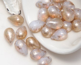 Czech Glass 9x6mm Droplets White Opaline with Gold Finish x 8 Beads