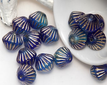 African Bicone Gold and Dark Blue Mixed Glass Beads x 6