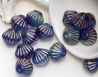 African Bicone Gold and Dark Blue Mixed Glass Beads x 6