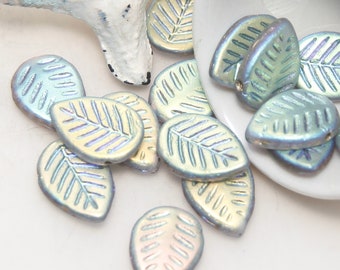 Czech Glass Shiny Metallic Iridescent Leaves x 6 Beads