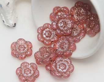 Czech Glass 14mm Wild Rose Flower Dusty Pink Opaline with Platinum Wash x 5 Beads