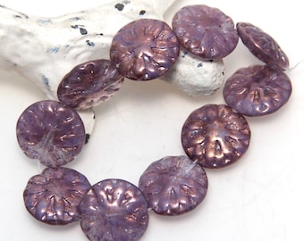 Czech Glass 14mm Dahlia Flower Pressed Round Purple with Bronze Lustre x 6 Beads