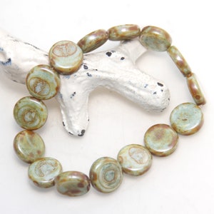 Czech Glass Sage Green Coin Beads with Picasso Finish x 6 pc