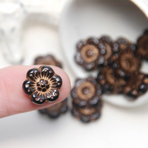 Czech Glass 14mm Wild Rose Jet Black with Bronze Wash x 5 Beads image 1