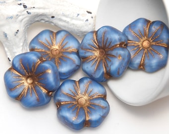 Silky Blue and Bronze Clover Flowers 20mm x 2 Czech Glass Beads