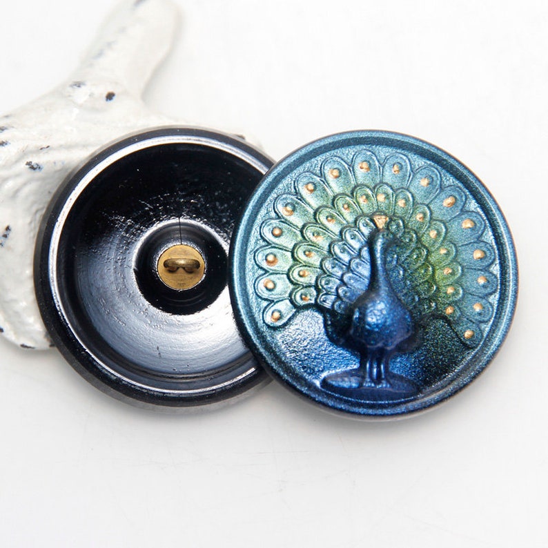 Czech Glass Button 33mm Round Peacock Blue Aqua and Green with Gold Painted Detail