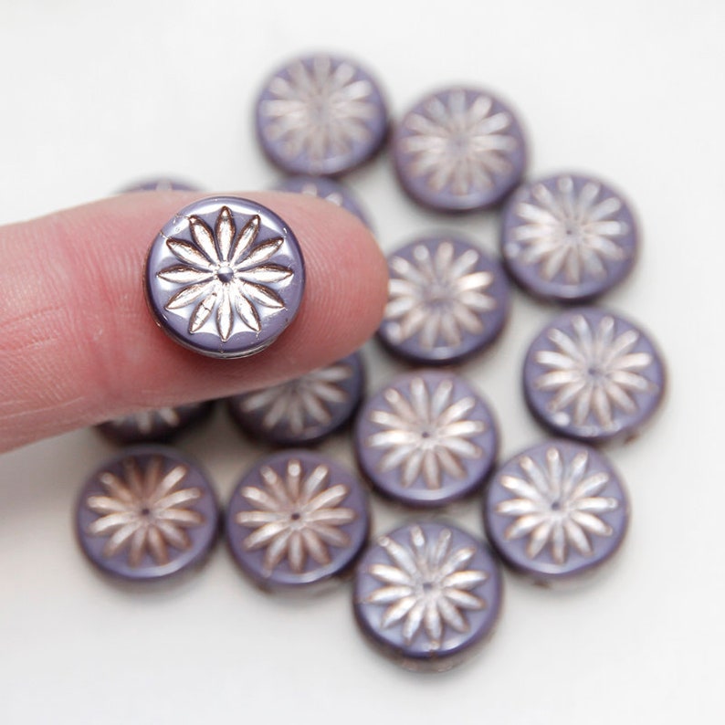 Czech Glass 12mm Flower Coin Beads in Opaque Purple with Platinum x 8pc image 4