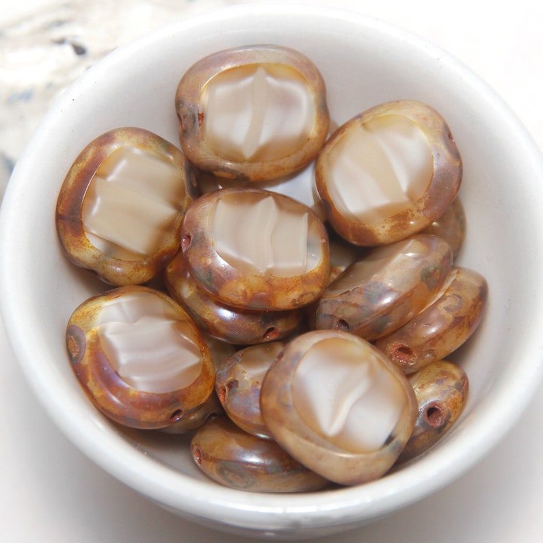 Czech Glass Bead 12x14mm Flat Oval Silky Pearl Brown Picasso x 6 beads image 2