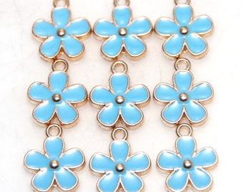 Aqua Blue Daisy Flower Enamel Charm Light Gold Plated and Super Cute x 5 Charms