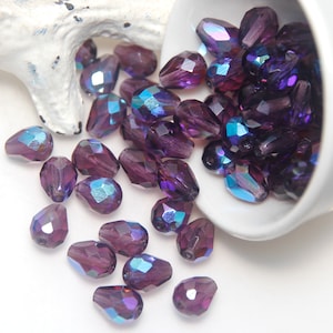 Transparent Dark Purple mit AB-Beschichtung Fire Polished Kristallperlen 6x9mm Tropfen x 10 Perlen