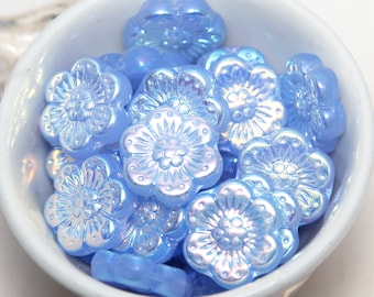 Czech Glass 14mm Wild Rose Flower AB Double Coat on Light Sapphire Blue x 8 Beads