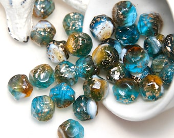 Czech Glass 9mm Topaz Aqua Transparent Opaque Mix with Gold Finish Central Cut 8 x Beads