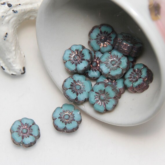 Czech Glass 10mm Hibiscus Flower Sea Green Silk with Bronze finish x 6pc
